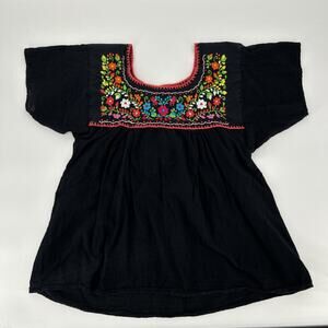 Vintage 70s Mexican Blouse Size M Black Floral Embroidered Peasant Gauze Boho